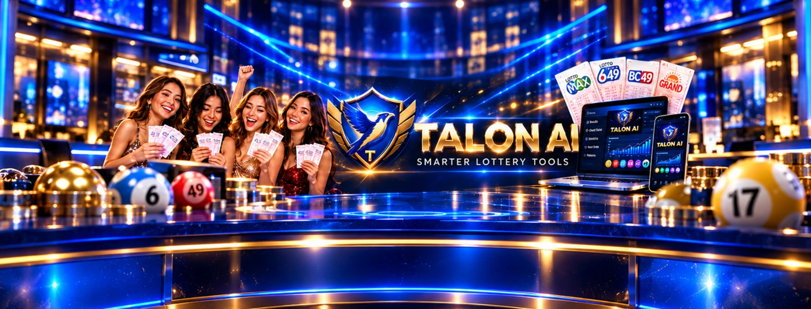 TALON AI — smarter lottery tools, with the TALON falcon, lottery tickets and four women